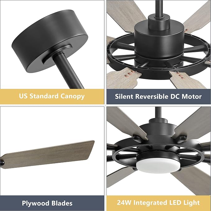 60 Inch Ceiling Fan with Lights and Remote Control, 8 Plywood Blades, 6-Speed Noiseless Reversible DC Motor, 3CCT, Windmill