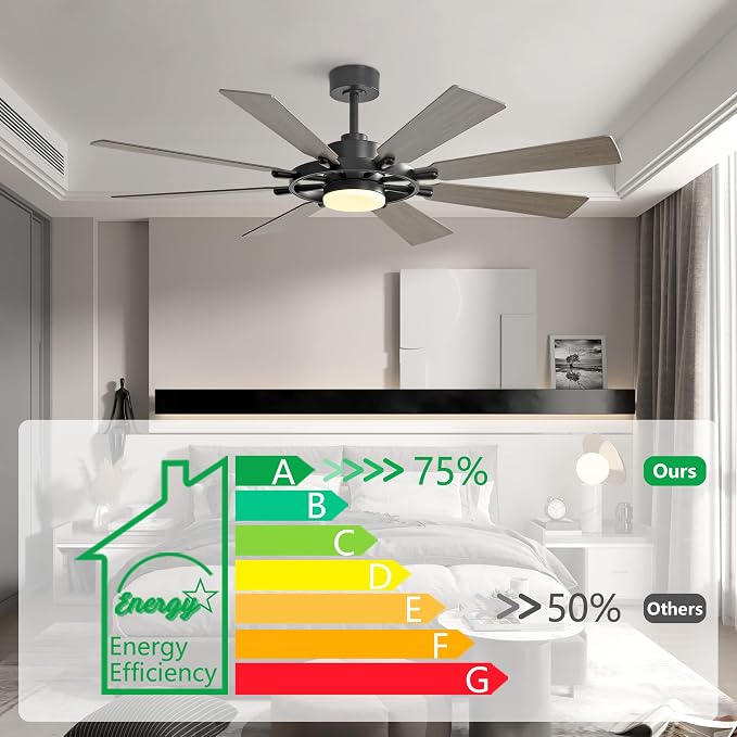 60 Inch Ceiling Fan with Lights and Remote Control, 8 Plywood Blades, 6-Speed Noiseless Reversible DC Motor, 3CCT, Windmill