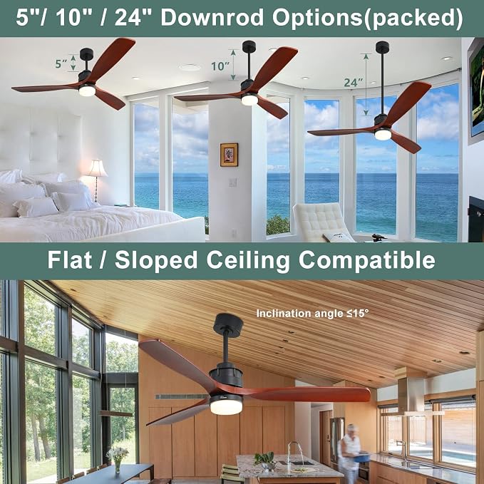 60 inch Ceiling Fan with Lights and Remote, Modern Large LED Ceiling Fan with 3 Walnut Blades and 3 Black Downrods, for