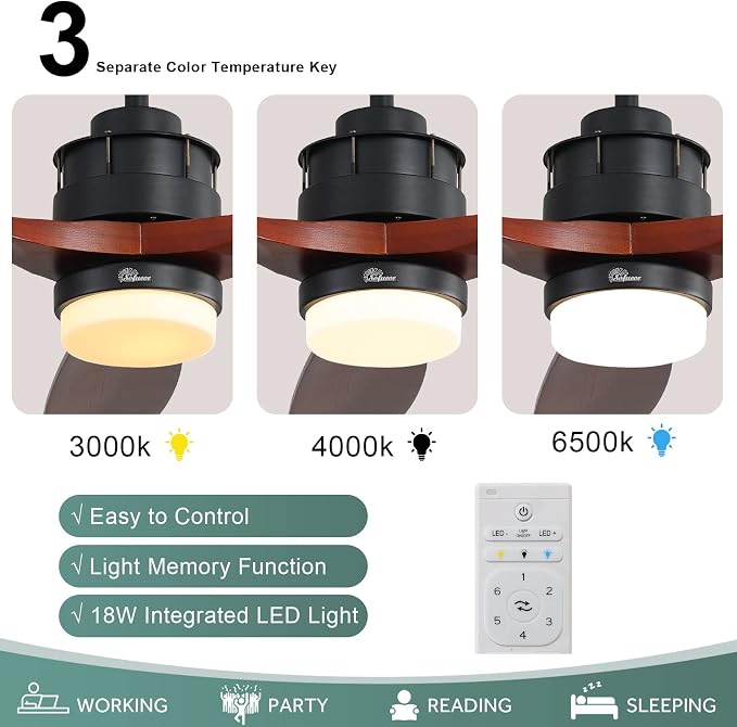 60 inch Ceiling Fan with Lights and Remote, Modern Large LED Ceiling Fan with 3 Walnut Blades and 3 Black Downrods, for