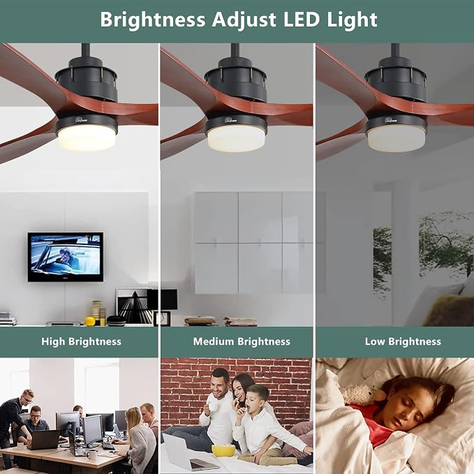 60 inch Ceiling Fan with Lights and Remote, Modern Large LED Ceiling Fan with 3 Walnut Blades and 3 Black Downrods, for