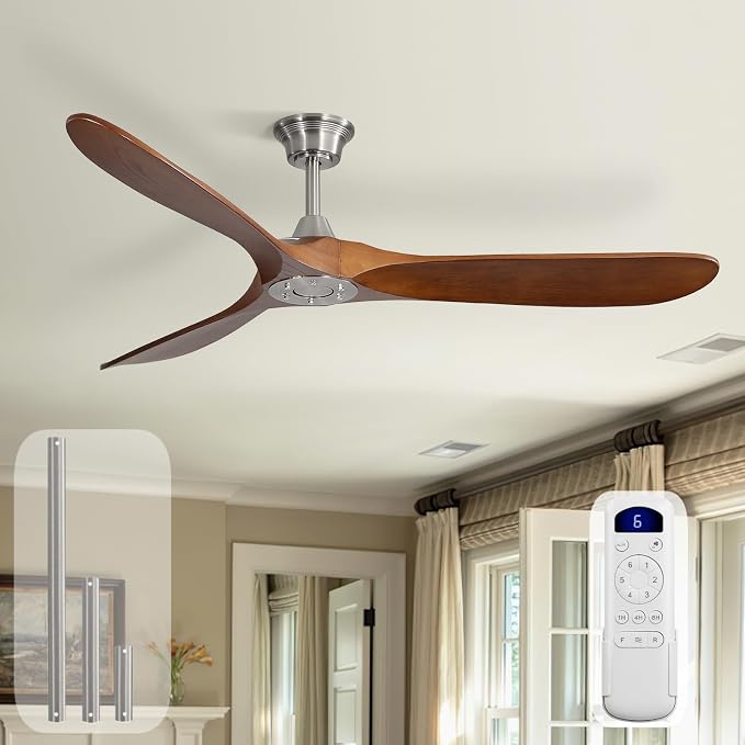 60 Inch Ceiling Fan with Remote Control, Brush Nickel and Light Walnut, 3 Wood Blades, Reversible DC Motor, Timer, 6004HTM