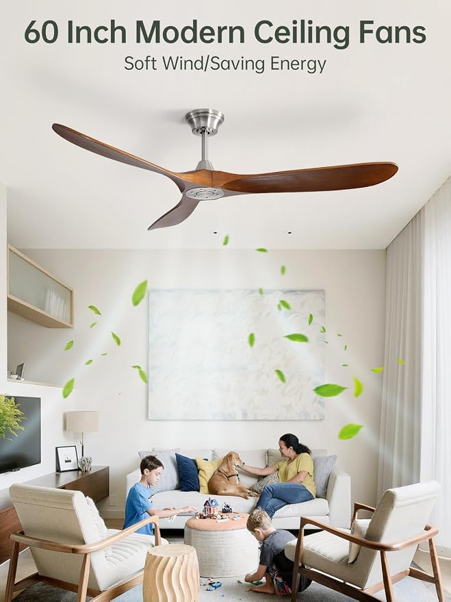 60 Inch Ceiling Fan with Remote Control, Brush Nickel and Light Walnut, 3 Wood Blades, Reversible DC Motor, Timer, 6004HTM