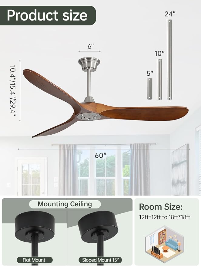 60 Inch Ceiling Fan with Remote Control, Brush Nickel and Light Walnut, 3 Wood Blades, Reversible DC Motor, Timer, 6004HTM