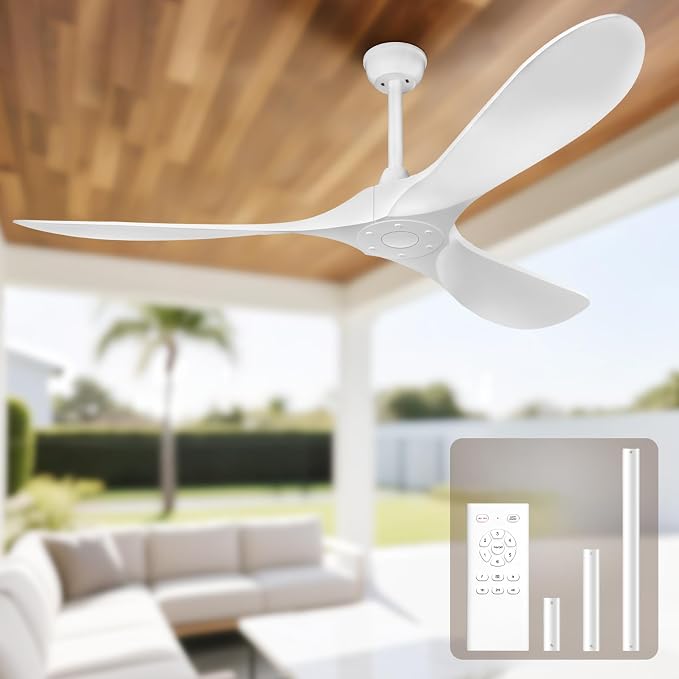 60 Inch Ceiling Fan Without Lights, White | Outdoor Ceiling Fan with Remote, 6-Speed Adjustable Reversible DC Motor for Patio