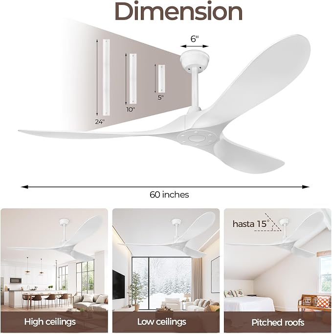 60 Inch Ceiling Fan Without Lights, White | Outdoor Ceiling Fan with Remote, 6-Speed Adjustable Reversible DC Motor for Patio