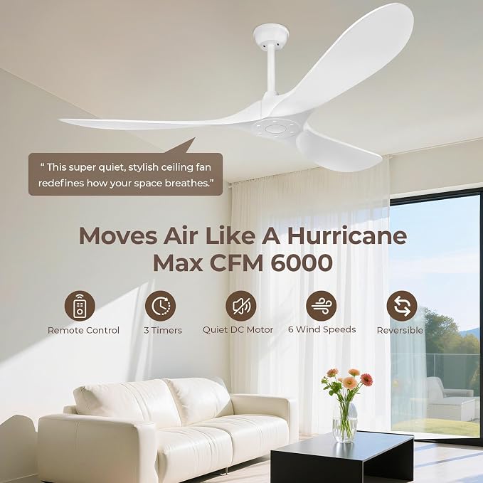 60 Inch Ceiling Fan Without Lights, White | Outdoor Ceiling Fan with Remote, 6-Speed Adjustable Reversible DC Motor for Patio