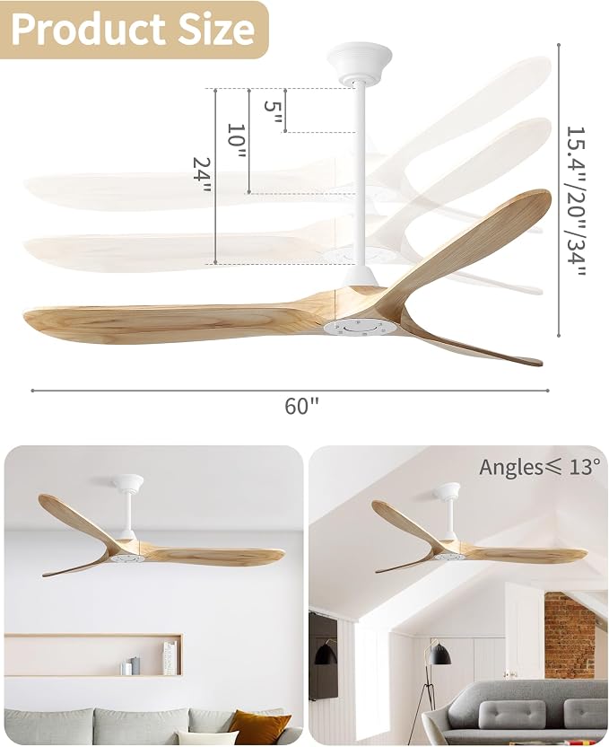 60 Inch Ceiling Fans No Light-Outdoor Ceiling Fan with Remote Control, 3 Blade Reversible DC Motor, Modern Wood Ceiling Fan