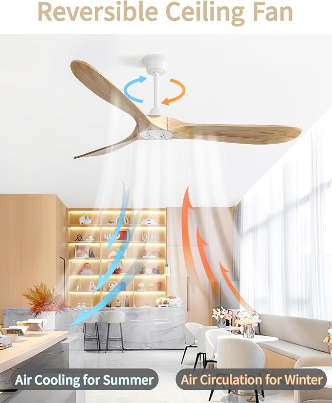60 Inch Ceiling Fans No Light-Outdoor Ceiling Fan with Remote Control, 3 Blade Reversible DC Motor, Modern Wood Ceiling Fan