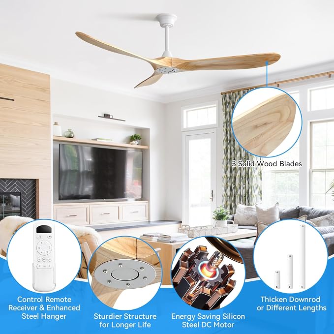 60 Inch Ceiling Fans No Light-Outdoor Ceiling Fan with Remote Control, 3 Blade Reversible DC Motor, Modern Wood Ceiling Fan