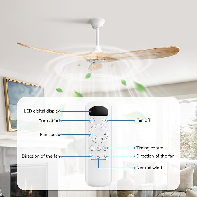 60 Inch Ceiling Fans No Light-Outdoor Ceiling Fan with Remote Control, 3 Blade Reversible DC Motor, Modern Wood Ceiling Fan