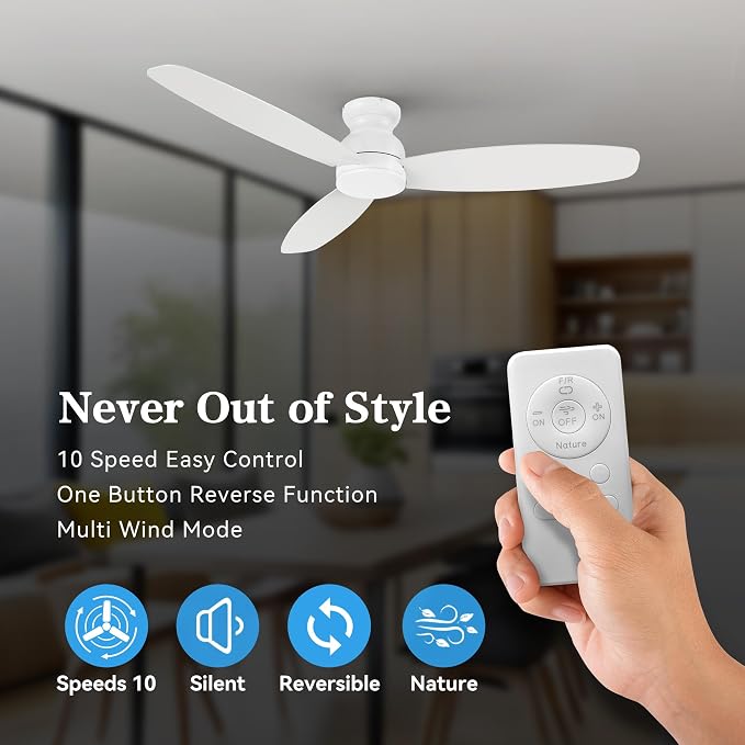 60 Inch Ceiling Fans No Light with Remote, 3 Blades White Modern Ceiling Fan without Light with Quiet Reversible DC Motor, 10