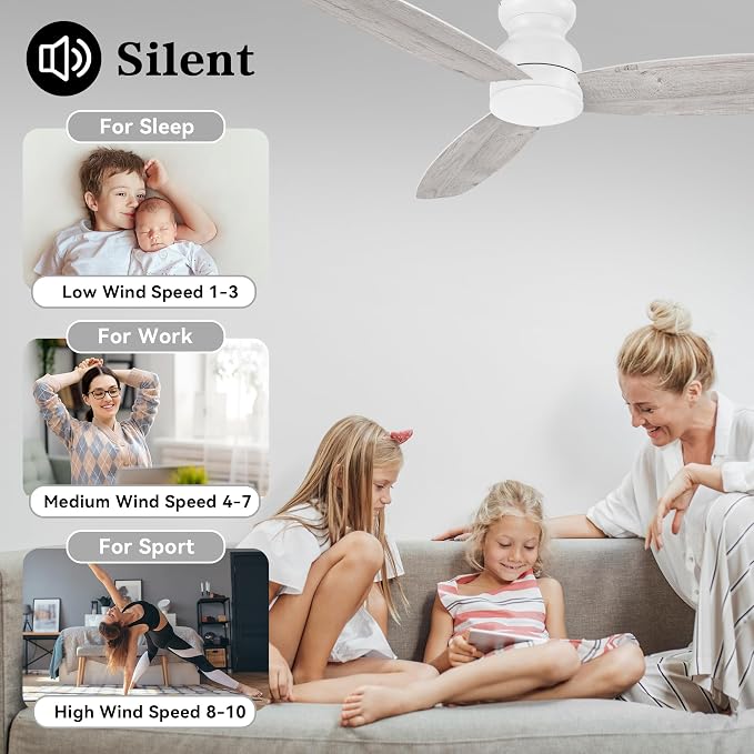 60 Inch Ceiling Fans No Light with Remote, 3 Blades White Modern Ceiling Fan without Light with Quiet Reversible DC Motor, 10