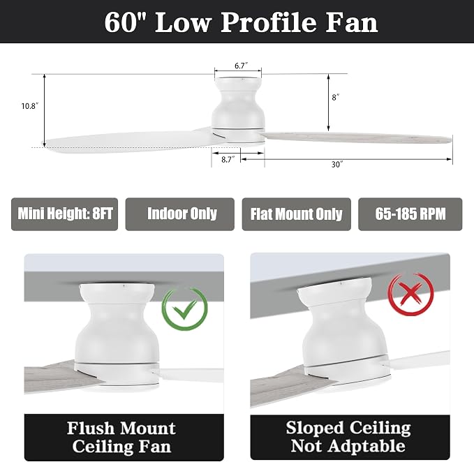 60 Inch Ceiling Fans No Light with Remote, 3 Blades White Modern Ceiling Fan without Light with Quiet Reversible DC Motor, 10