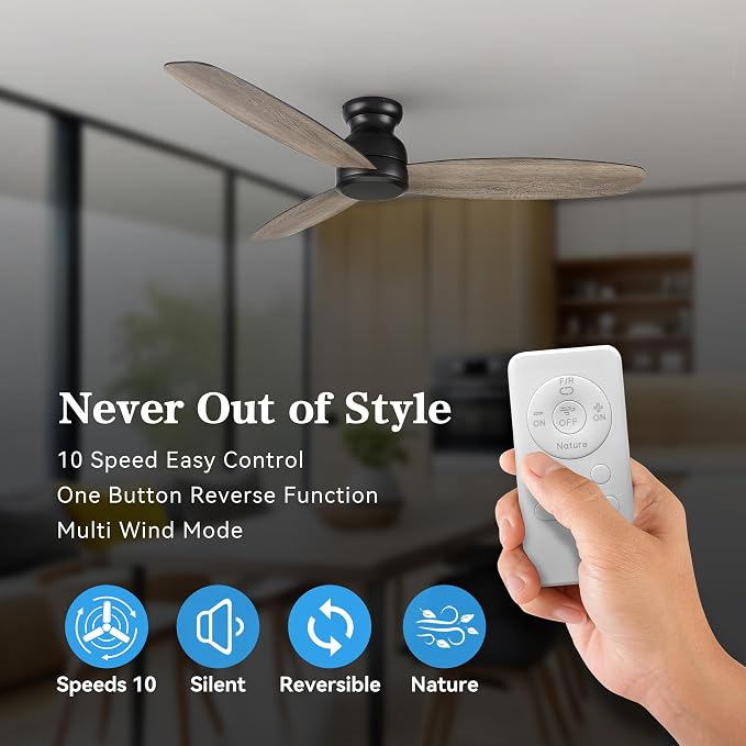60 Inch Ceiling Fans No Light with Remote,Modern Ceiling Fan without Light with Quiet Reversible DC Motor,Walnut/Light Wooden