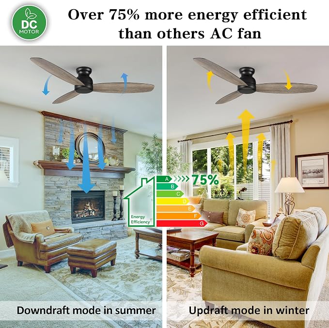 60 Inch Ceiling Fans No Light with Remote,Modern Ceiling Fan without Light with Quiet Reversible DC Motor,Walnut/Light Wooden