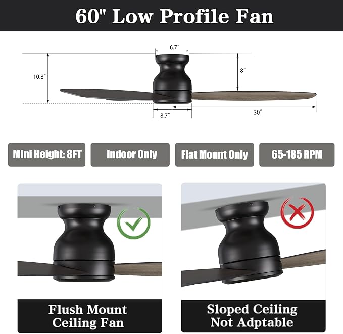 60 Inch Ceiling Fans No Light with Remote,Modern Ceiling Fan without Light with Quiet Reversible DC Motor,Walnut/Light Wooden