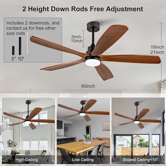 60 Inch Ceiling Fans with Lights and Remote Control, Modern Ceiling Fan with Light for Bedroom, Noiseless DC Motor, Dimmable