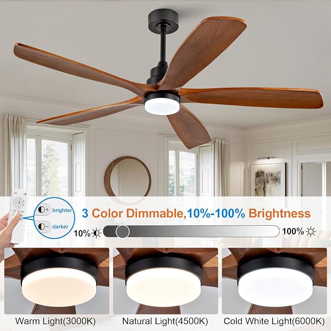 60 Inch Ceiling Fans with Lights and Remote Control, Modern Ceiling Fan with Light for Bedroom, Noiseless DC Motor, Dimmable