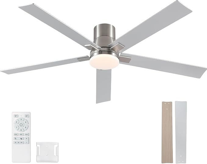 60 Inch Ceiling Fans with Lights and Remote,Flush Mount Brushed Nickel Ceiling Fan,6 Speed Reversible DC Motor,3CCT Dimmable