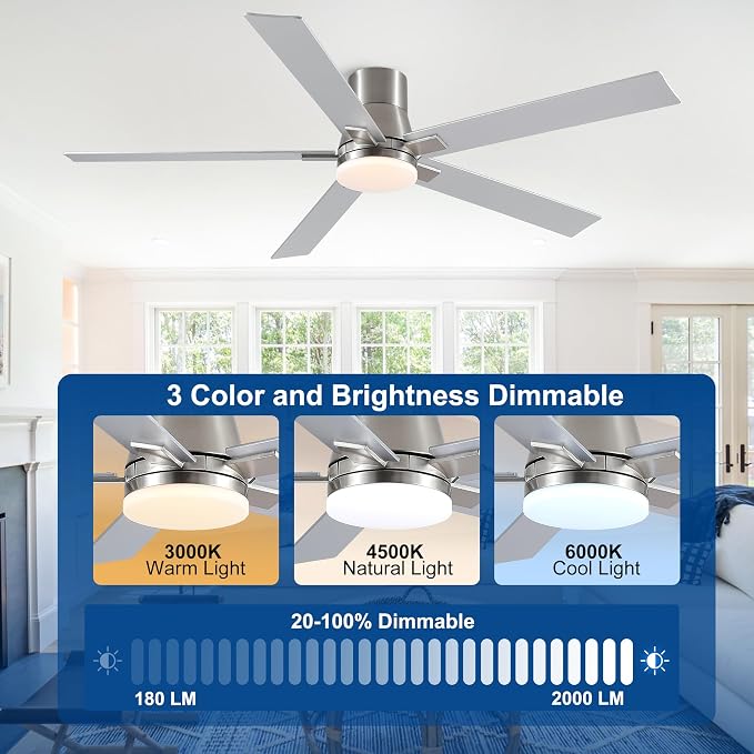 60 Inch Ceiling Fans with Lights and Remote,Flush Mount Brushed Nickel Ceiling Fan,6 Speed Reversible DC Motor,3CCT Dimmable