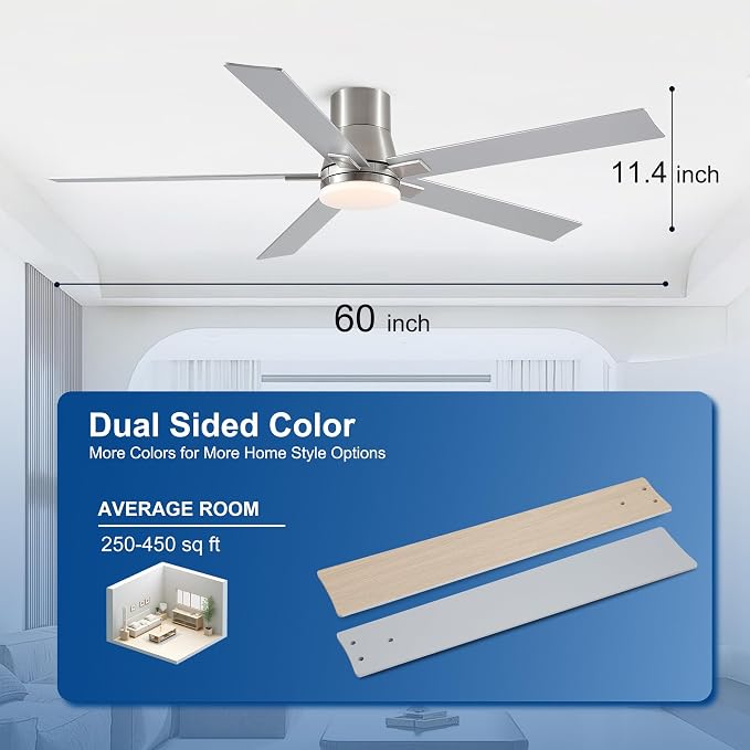 60 Inch Ceiling Fans with Lights and Remote,Flush Mount Brushed Nickel Ceiling Fan,6 Speed Reversible DC Motor,3CCT Dimmable
