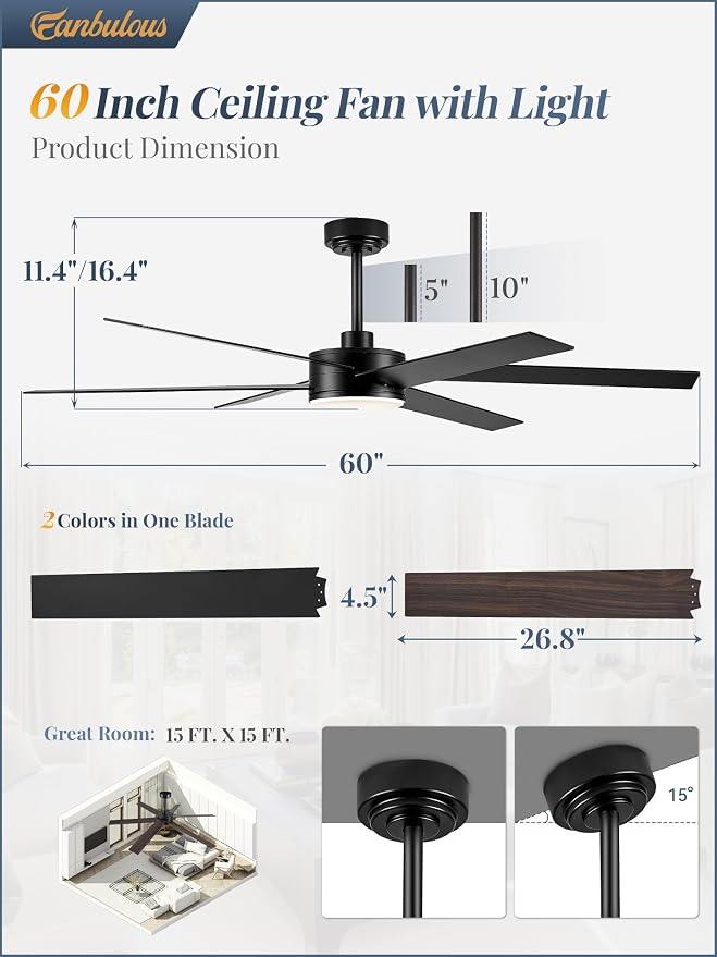 60 Inch Ceiling Fans with Lights and Remote, Reversible 6 Blades & Dimmable 3-Color Outdoor Ceiling Fans for Patios, DC Motor