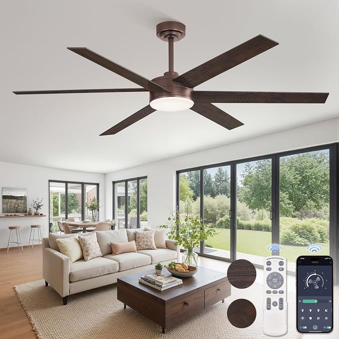 60 Inch Ceiling Fans with Lights and Remote, Reversible 6 Blades, Dimmable, 3000K-6000K Adjustable, Outdoor Ceiling Fans for