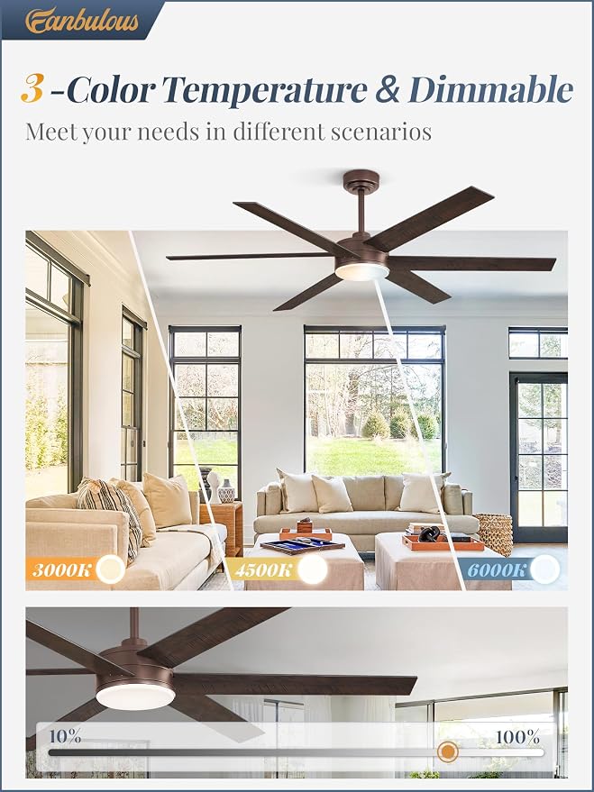 60 Inch Ceiling Fans with Lights and Remote, Reversible 6 Blades, Dimmable, 3000K-6000K Adjustable, Outdoor Ceiling Fans for