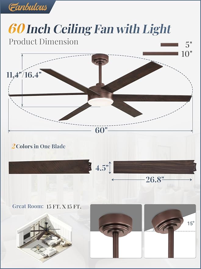 60 Inch Ceiling Fans with Lights and Remote, Reversible 6 Blades, Dimmable, 3000K-6000K Adjustable, Outdoor Ceiling Fans for