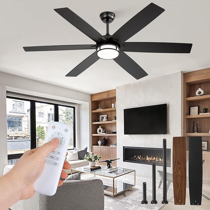 60 Inch Ceiling Fans with Lights, Farmhouse Large Ceiling Fans with Remote, Black&Brown Modern Ceiling Fan with LED Light