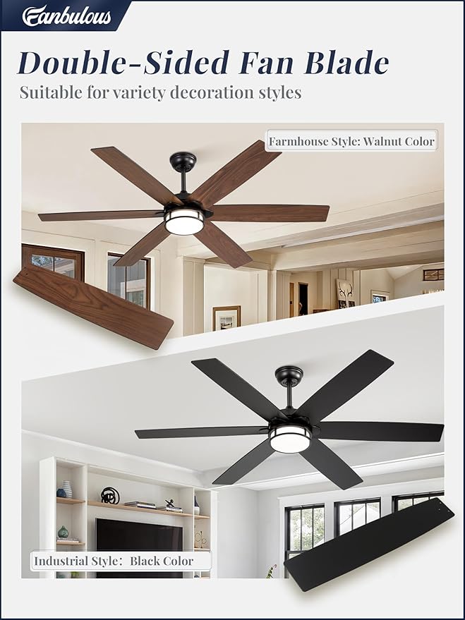 60 Inch Ceiling Fans with Lights, Farmhouse Large Ceiling Fans with Remote, Black&Brown Modern Ceiling Fan with LED Light