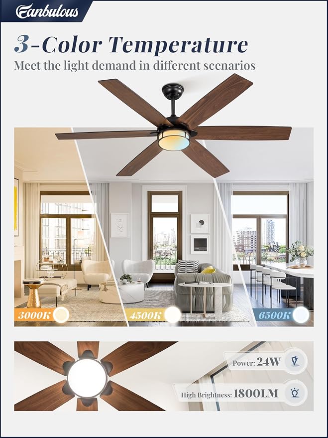 60 Inch Ceiling Fans with Lights, Farmhouse Large Ceiling Fans with Remote, Black&Brown Modern Ceiling Fan with LED Light