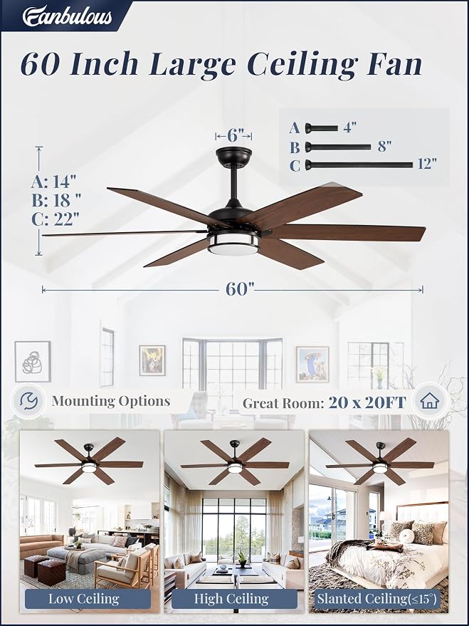 60 Inch Ceiling Fans with Lights, Farmhouse Large Ceiling Fans with Remote, Black&Brown Modern Ceiling Fan with LED Light