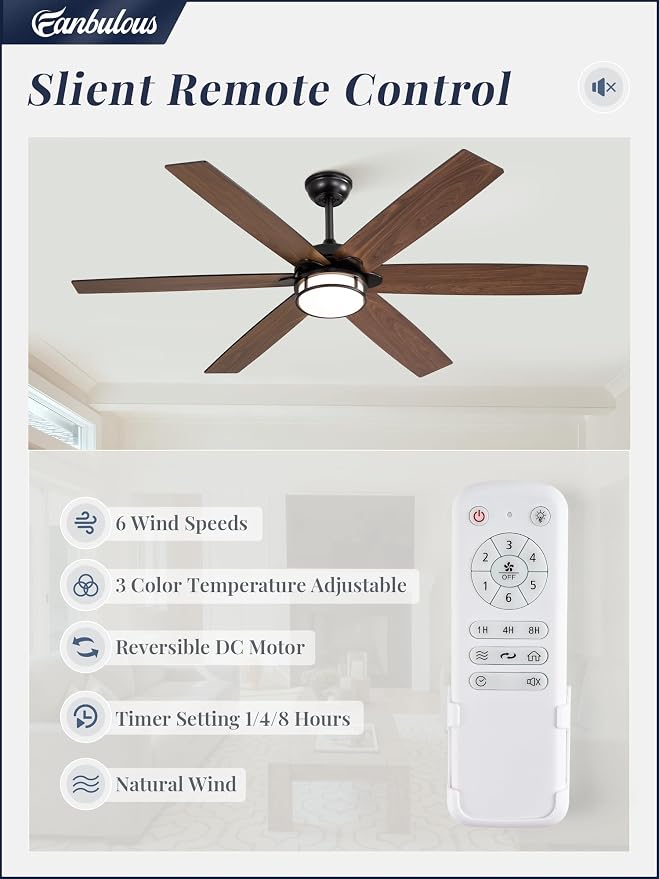 60 Inch Ceiling Fans with Lights, Farmhouse Large Ceiling Fans with Remote, Black&Brown Modern Ceiling Fan with LED Light
