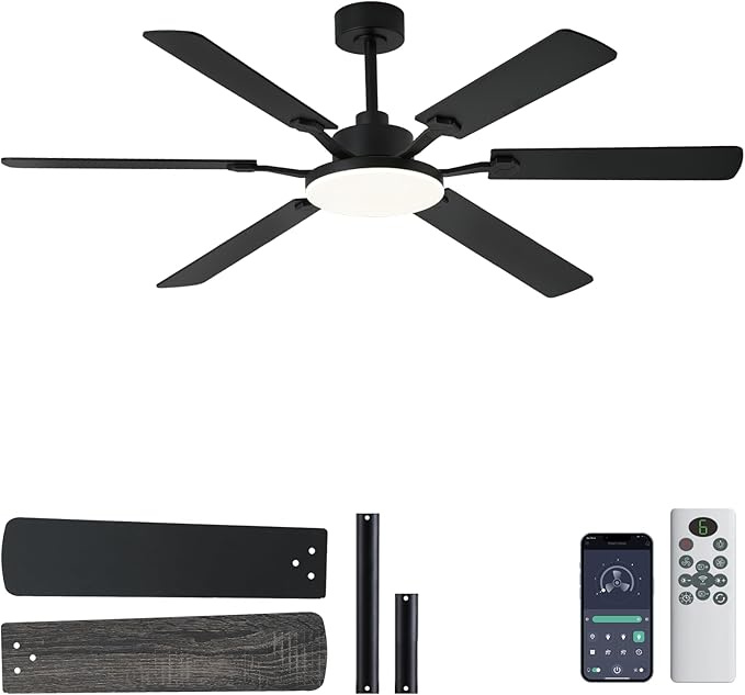 60 Inch Ceiling Fans with Lights, Large Modern Black Ceiling Fan with Light and Remote Control, 6 Double Sided Blades, 6