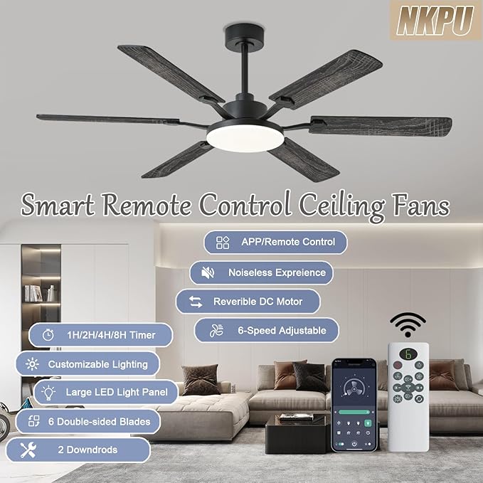 60 Inch Ceiling Fans with Lights, Large Modern Black Ceiling Fan with Light and Remote Control, 6 Double Sided Blades, 6
