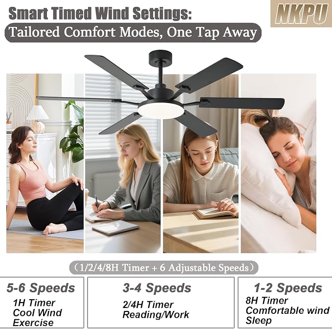 60 Inch Ceiling Fans with Lights, Large Modern Black Ceiling Fan with Light and Remote Control, 6 Double Sided Blades, 6