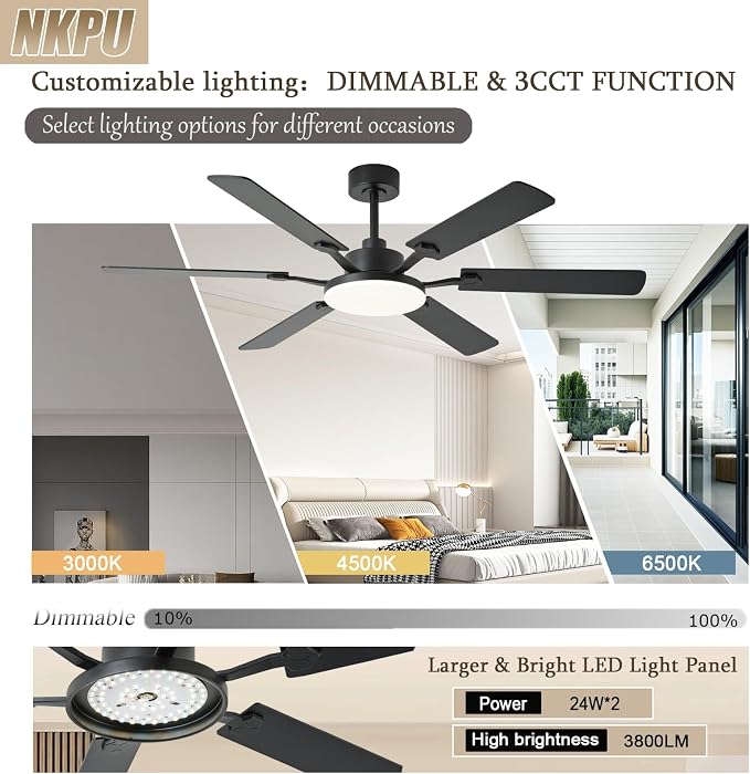 60 Inch Ceiling Fans with Lights, Large Modern Black Ceiling Fan with Light and Remote Control, 6 Double Sided Blades, 6