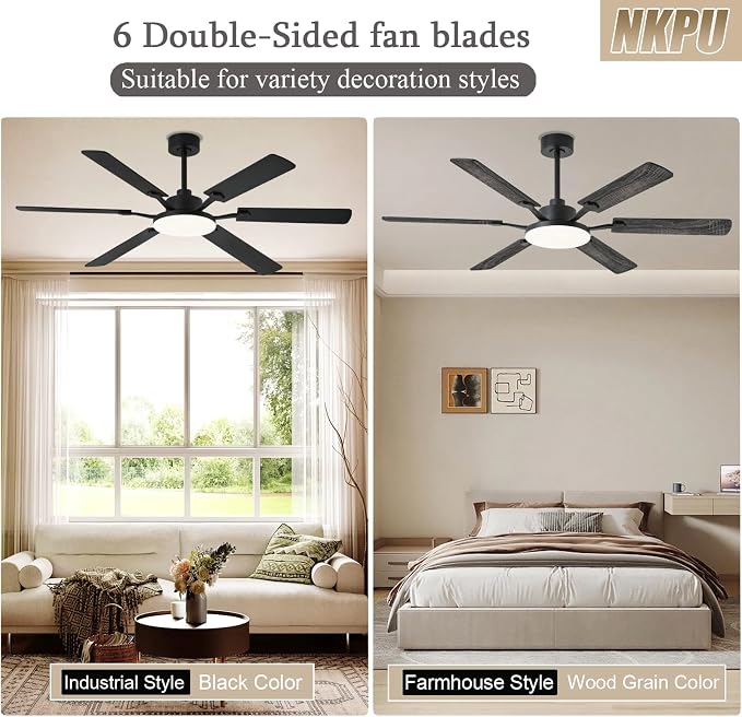 60 Inch Ceiling Fans with Lights, Large Modern Black Ceiling Fan with Light and Remote Control, 6 Double Sided Blades, 6