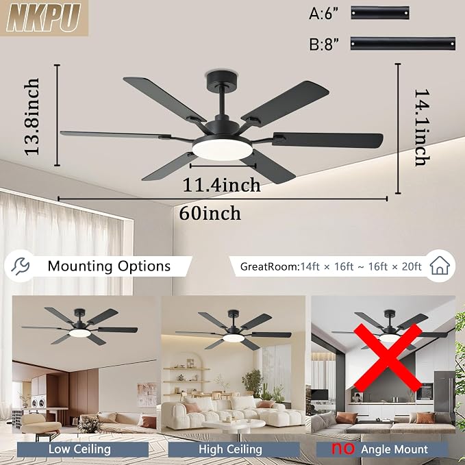 60 Inch Ceiling Fans with Lights, Large Modern Black Ceiling Fan with Light and Remote Control, 6 Double Sided Blades, 6