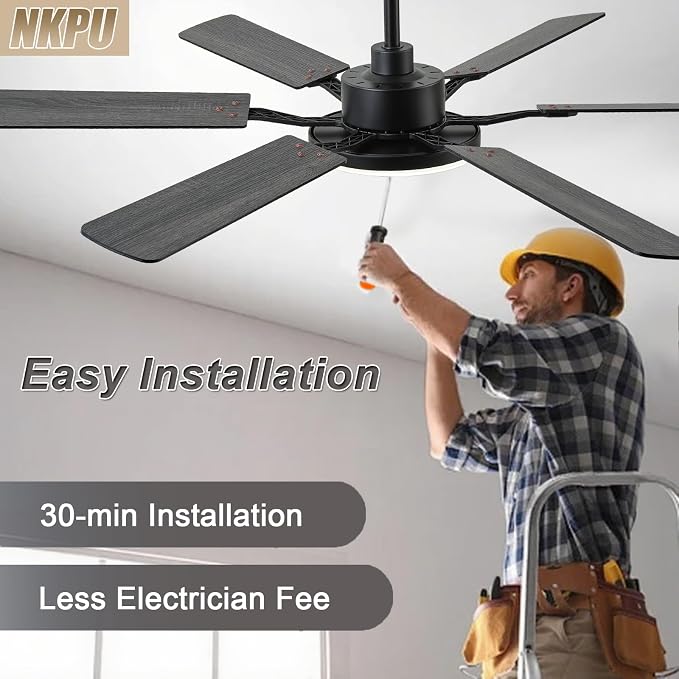 60 Inch Ceiling Fans with Lights, Large Modern Black Ceiling Fan with Light and Remote Control, 6 Double Sided Blades, 6