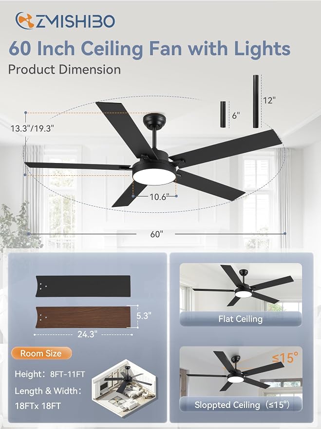 60 Inch Ceiling Fans with Lights, Smart Remote/APP Control, Plug in Ceiling Fan with 6 Speeds & 3CCT, Dimmable 30W LED, Quiet