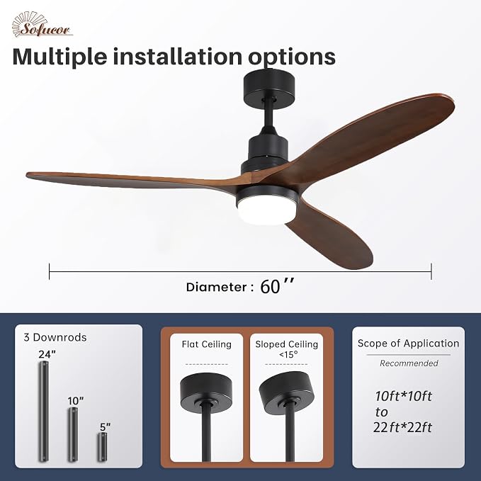 60 Inch Ceiling Fans with Lights, Walnut Solid Wood Ceiling Fan with Light Remote Control, Indoor/Outdoor Ceiling Fan with