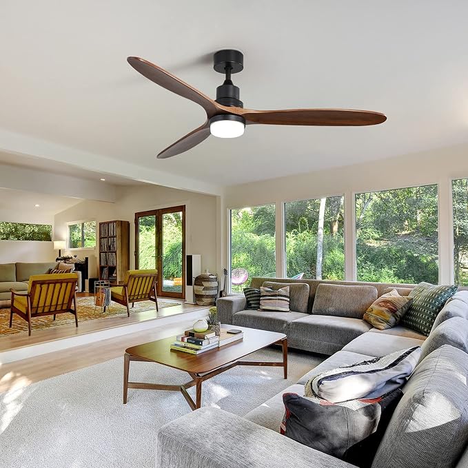 60 Inch Ceiling Fans with Lights, Walnut Solid Wood Ceiling Fan with Light Remote Control, Indoor/Outdoor Ceiling Fan with