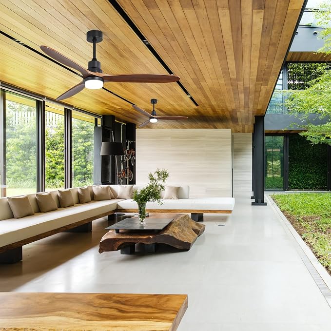 60 Inch Ceiling Fans with Lights, Walnut Solid Wood Ceiling Fan with Light Remote Control, Indoor/Outdoor Ceiling Fan with