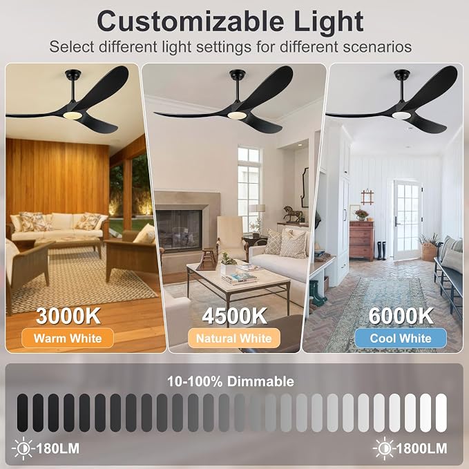 60 Inch Ceiling Fans with Lights, Wood Outdoor Ceiling Fan for Patio and Remote Control Rustic Propeller Large Ceiling Fans