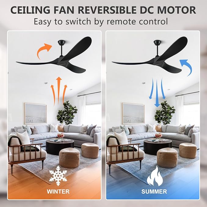 60 Inch Ceiling Fans Without Light, Solid Wood Ceiling Fan with Remote Control and Quiet DC Motor, Ceiling Fan no Light 3