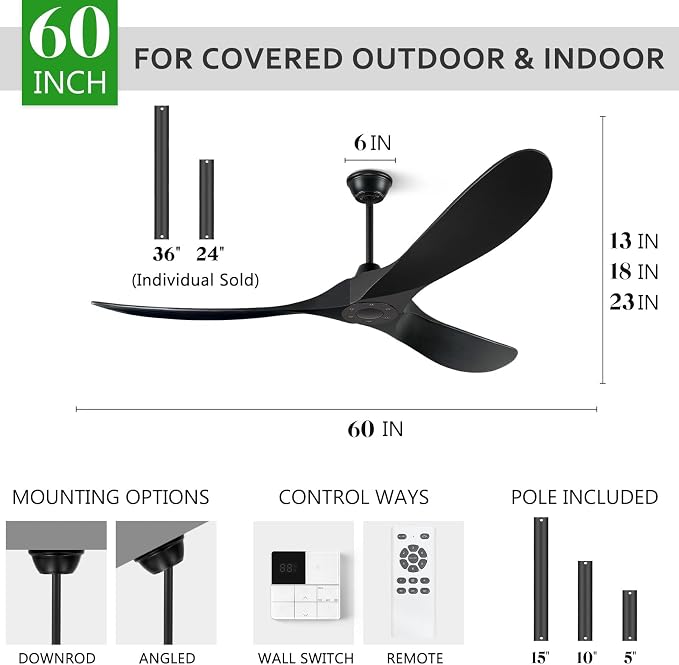 60 Inch Ceiling Fans Without Light, Solid Wood Ceiling Fan with Remote Control and Quiet DC Motor, Ceiling Fan no Light 3