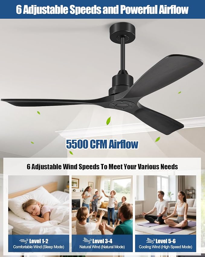 60 Inch Ceiling Fans Without Lights, 60" Outdoor Ceiling Fan No Light, 3 Wood Blades, 3 Downrods, Timer, 6 Speeds Modern